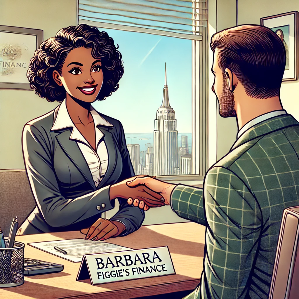 DALL·E 2024 06 26 12.52.43 A detailed image of a female accountant with a darker skin tone sitting in an office with a name placard on her desk that says Barbara and Figgies