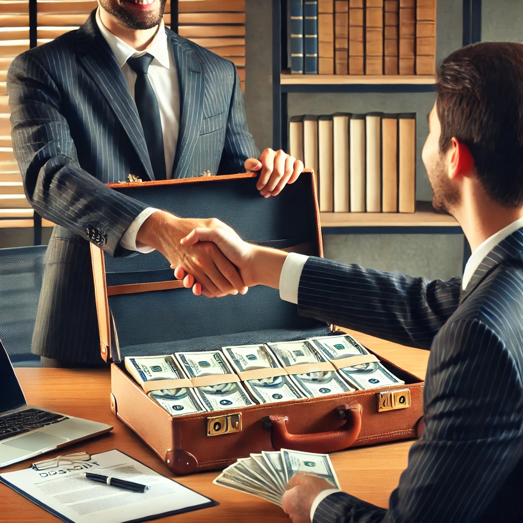 Banker is giving a business owner a suitcase full of money for a business loan.