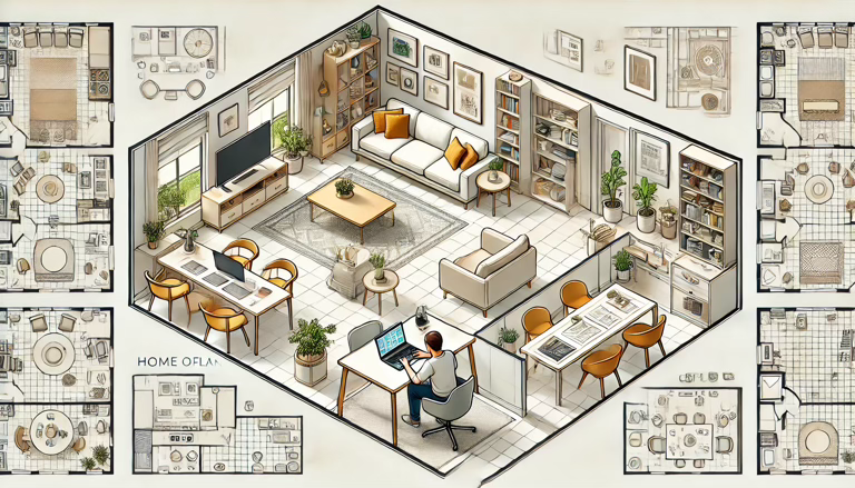 Home office expenses: This clean and engaging illustration showcases an efficient and organized home-based business workspace, including different areas for various activities such as a cozy sofa area, a desk with a computer, plants, shelves, and a conference area.