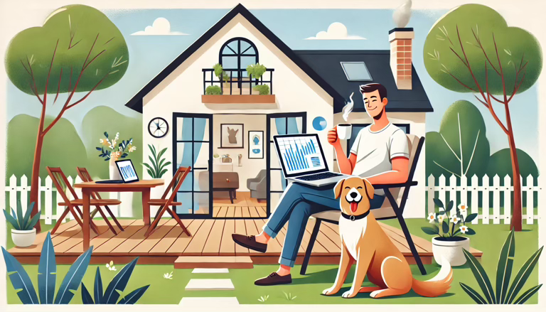 Remote work tax benefits: image depicting a peaceful and happy scene of a man sitting on his backyard porch with his dog, sipping a cup of coffee. The laptop next to him displays charts and graphs, and through the windows, you can see the living room, kitchen, and his home office: