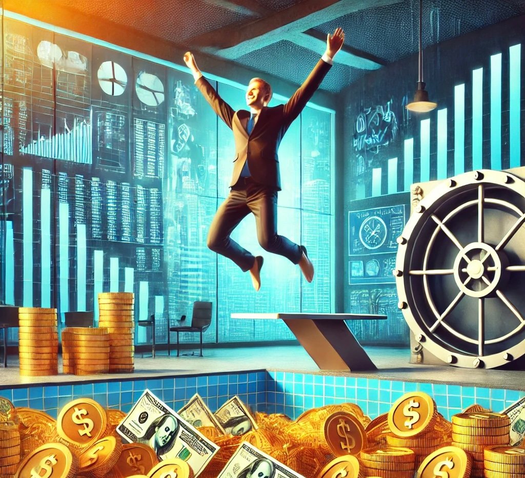 Paying Yourself First | A man in a business suit is jumping into a pool of money