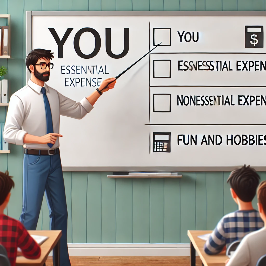 Paying Yourself First | a teacher pointing towards a dry erase board that says "you" "essential Expenses" "Nonessential Expenses" "Fun and Hobbies"