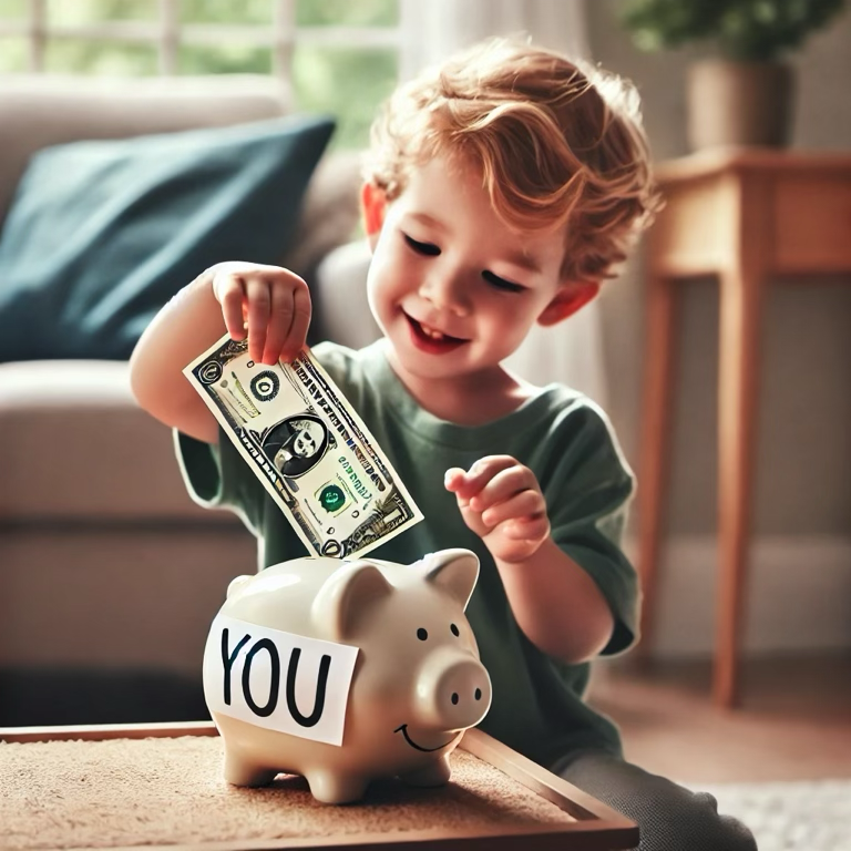 Paying Yourself First | a young child putting a dollar bill into a piggy bank labeled "YOU"