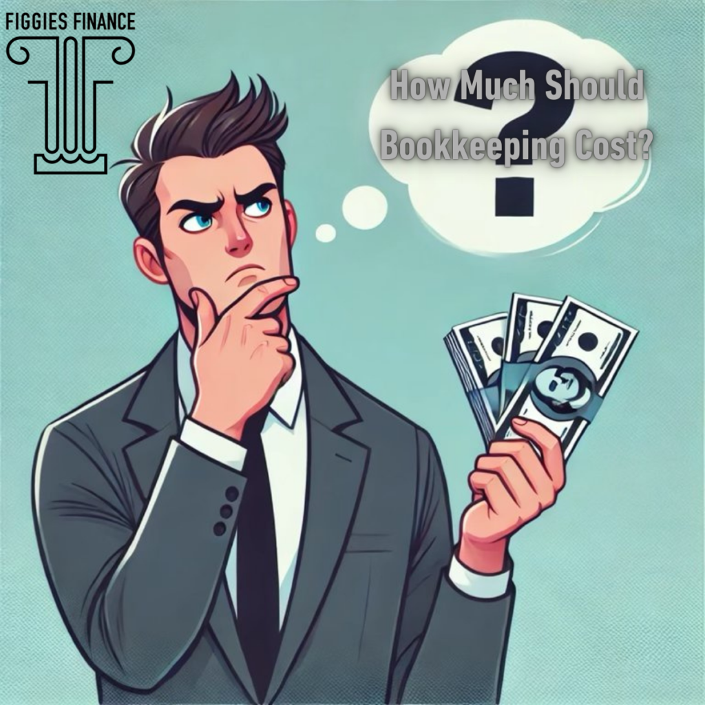 A man in a business suit holding money with a question mark above his said and a thought bubble that says How Much Should I Pay Someone To Do My Bookkeeping