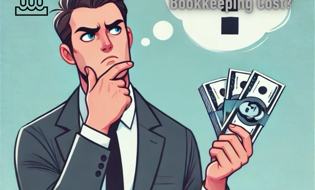 A man in a business suit holding money with a question mark above his said and a thought bubble that says How Much Should I Pay Someone To Do My Bookkeeping