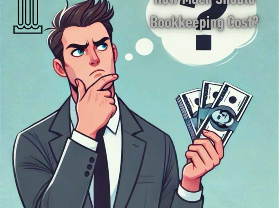 A man in a business suit holding money with a question mark above his said and a thought bubble that says How Much Should I Pay Someone To Do My Bookkeeping