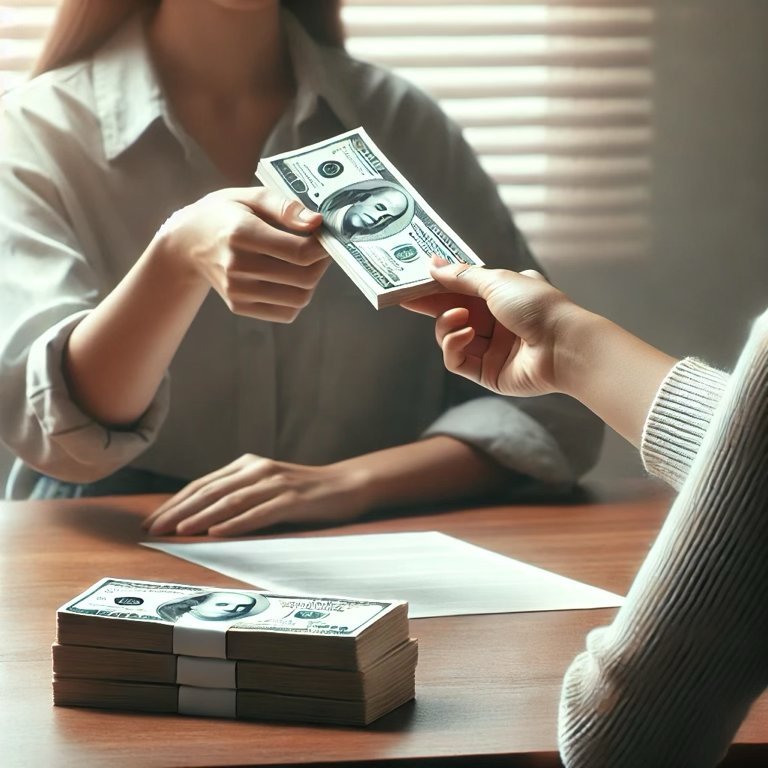 A woman paying her bookkeeping services costs